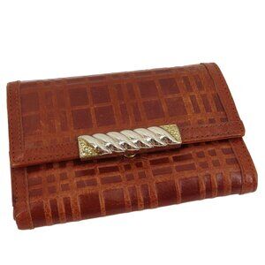 Tucano Brown Plaid Check Embossed Leather Folding Wallet Gold Silver Tone Metal